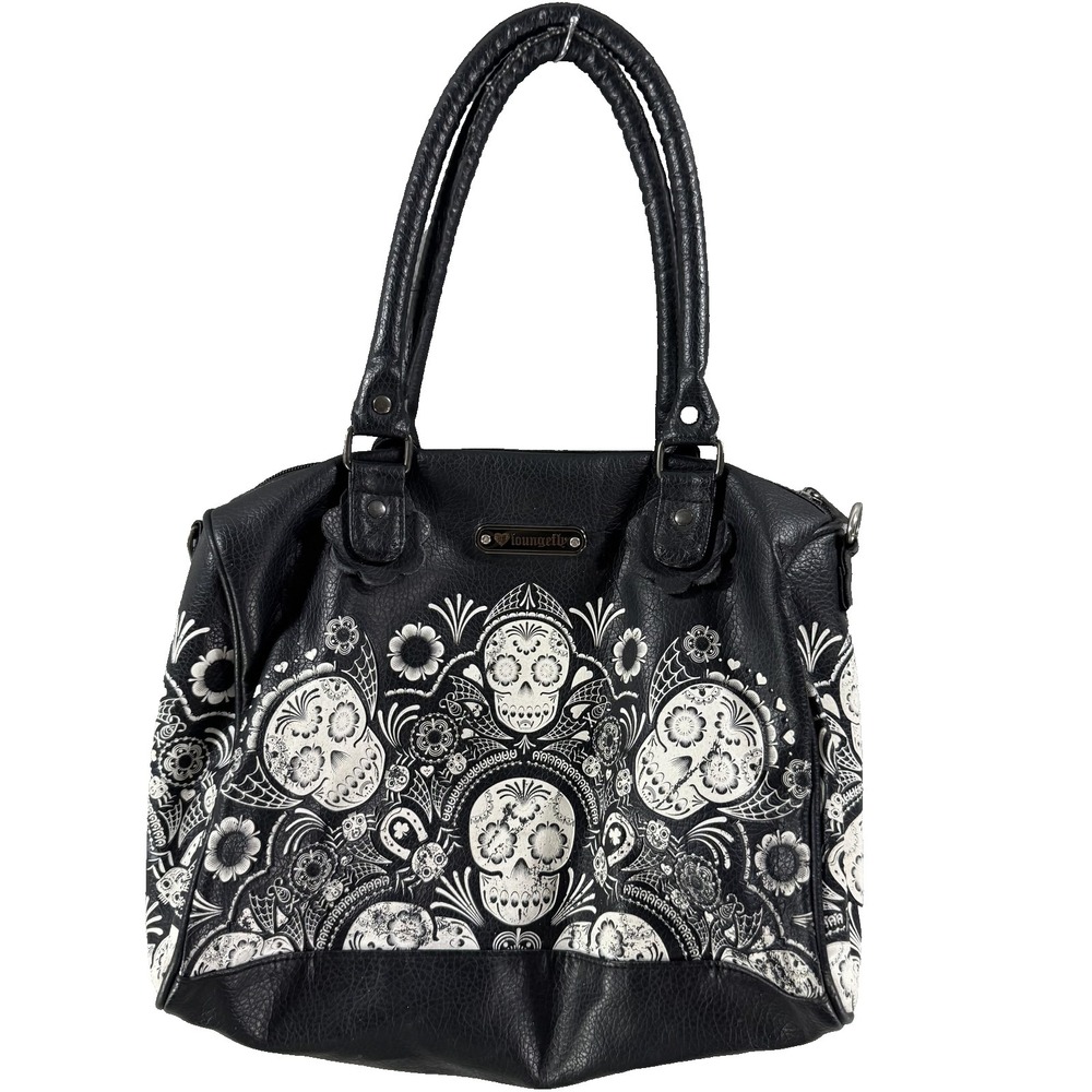 Loungefly Shoulder Bag Womens Medium Black Skull Floral Print Faux Leather Goth